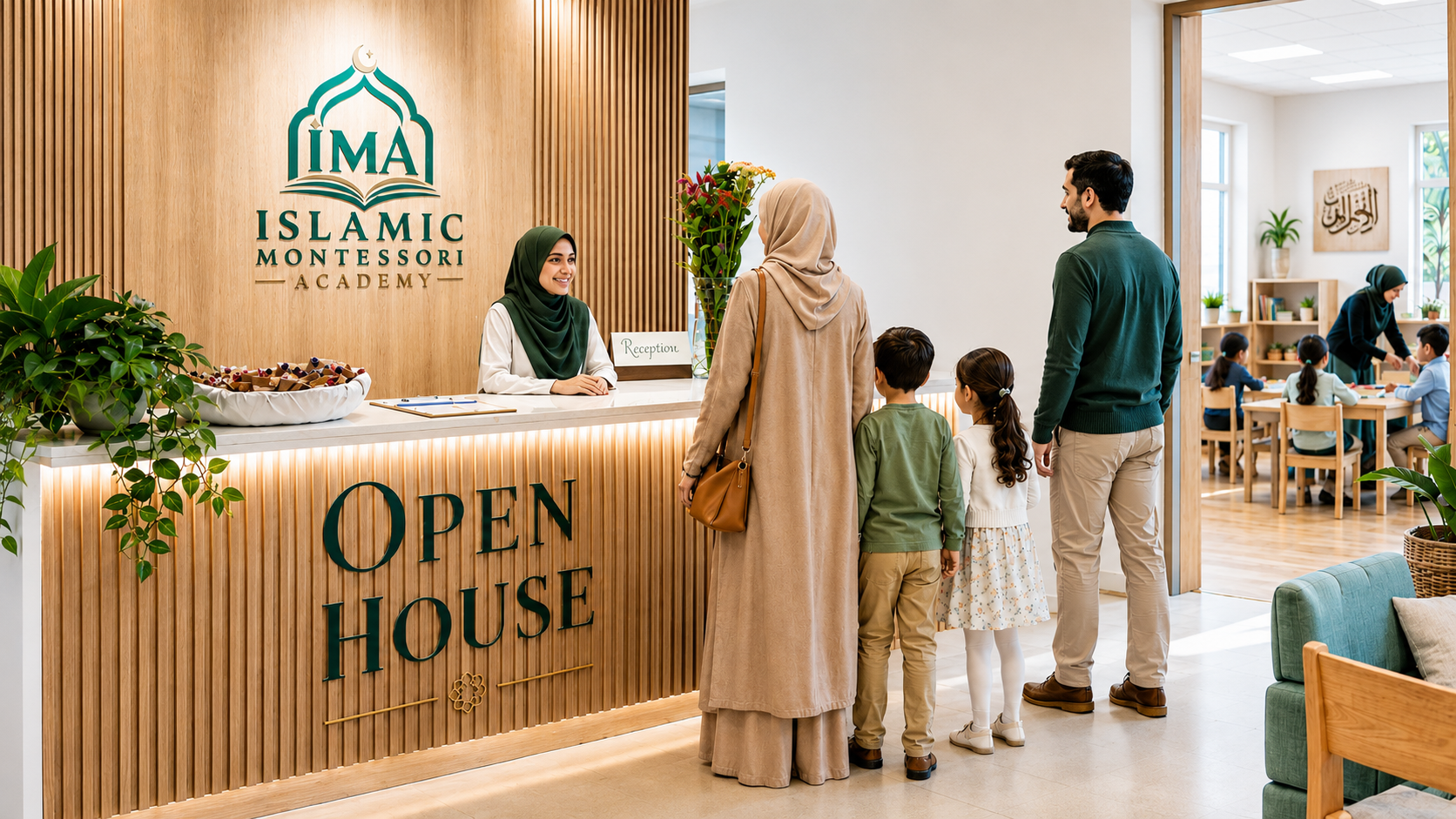 A family being welcomed at the Islamic Montessori Academy reception during Open House